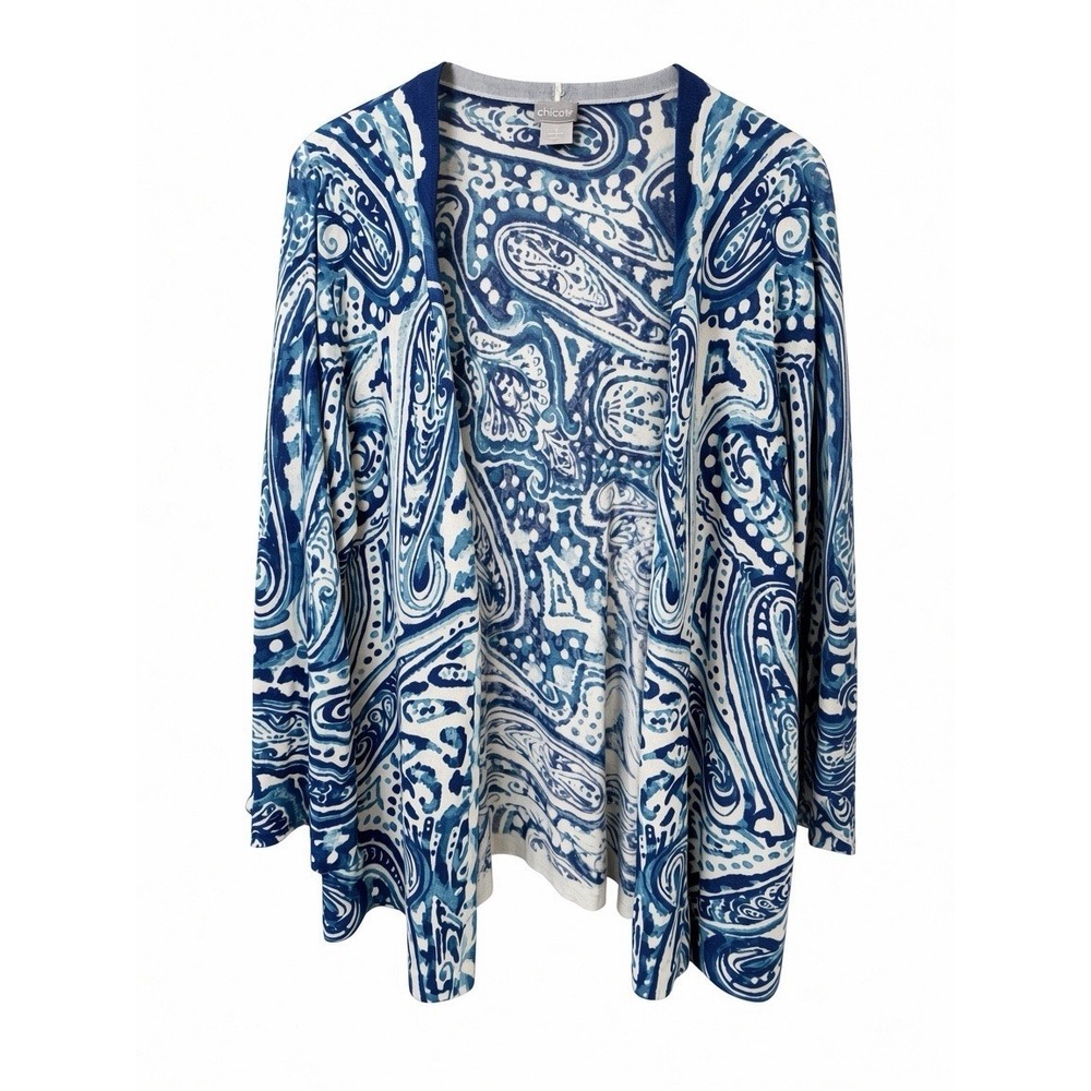 Chico's Size 2/US Large Blue Paisley Knit Lightweight Open Cardigan Sweater